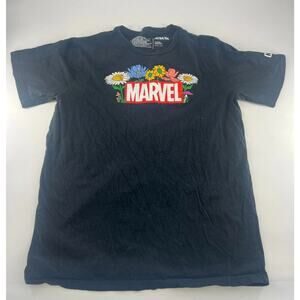 Marvel Tshirt Womens Medium Black Flower Short Sleeve Cotton Pullover